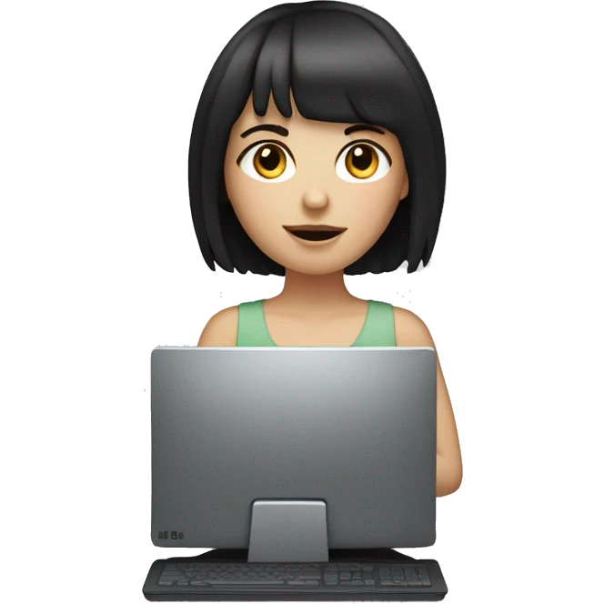 white girl with dark hair with bangs using a computer emoji