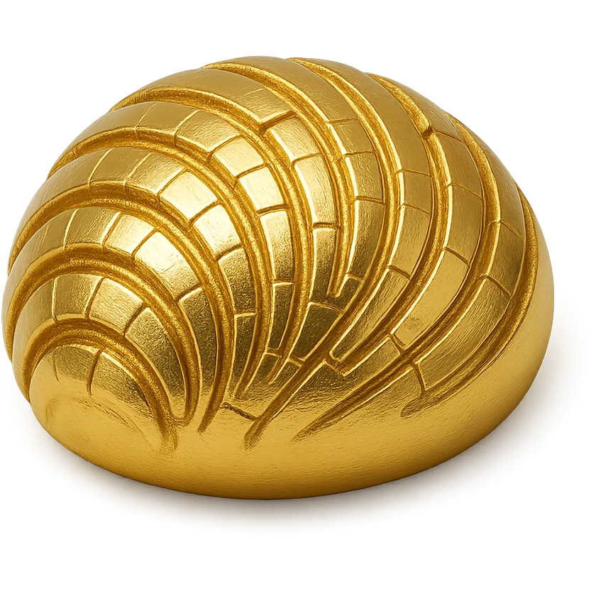 realistic shiny gold concha Mexican sweet bread with classic shell pattern emoji