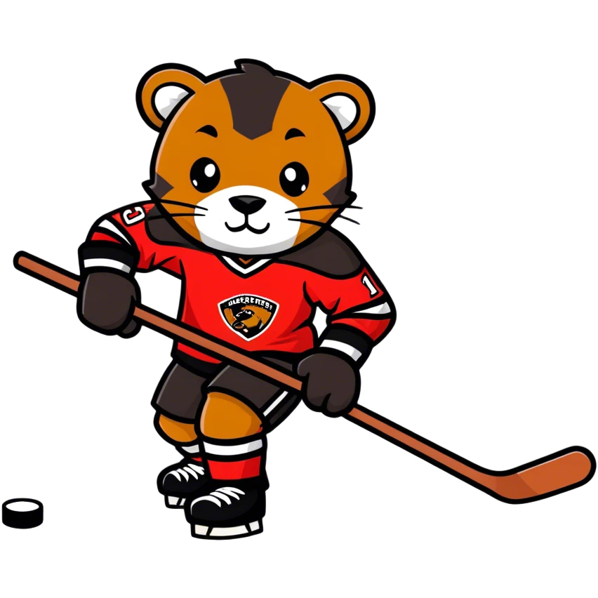 Brown Panther in red hockey jersey with hockey stick  emoji
