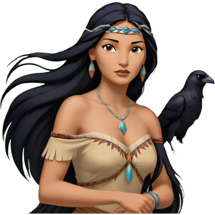 Cinematic Realistic Pocahontas Portrait, depicted with lifelike skin texture, soft natural lighting, and intricately detailed long, flowing raven-black hair that moves gracefully in the wind. Her deep, soulful dark brown eyes exude wisdom and strength, complemented by a serene yet powerful expression. She is dressed in her classic one-shoulder native american dress, with rich fabric textures and delicate beaded details that catch the light beautifully. The portrait features a soft, sun-kissed glow with a natural, radiant finish, capturing the essence of untamed beauty and deep connection to nature in a realistic and painterly style, evoking a sense of depth and authenticity. emoji