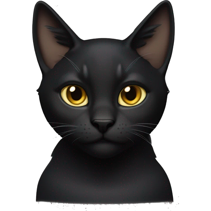 A  petite, solid black sleek furred cat. Light yellow eyes. Black pointed tufts of fur at the tips of ears only (tip of triangle on ear) similar to a lynx cat. Fully body and no other color markings. Facing forward and standing with ears slightly tilted. emoji