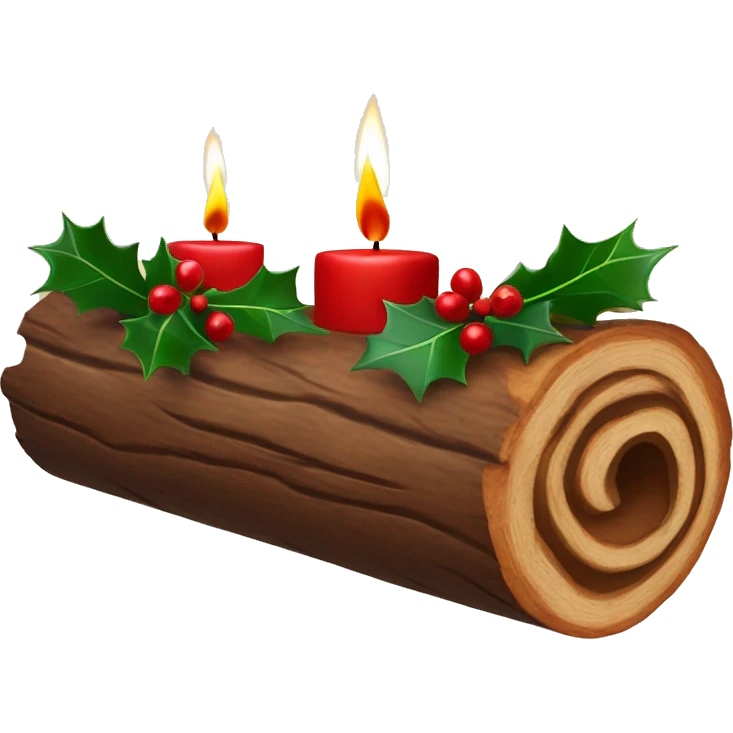 Wooden yule log with red candle in the centre, decorated with holly and bows  emoji