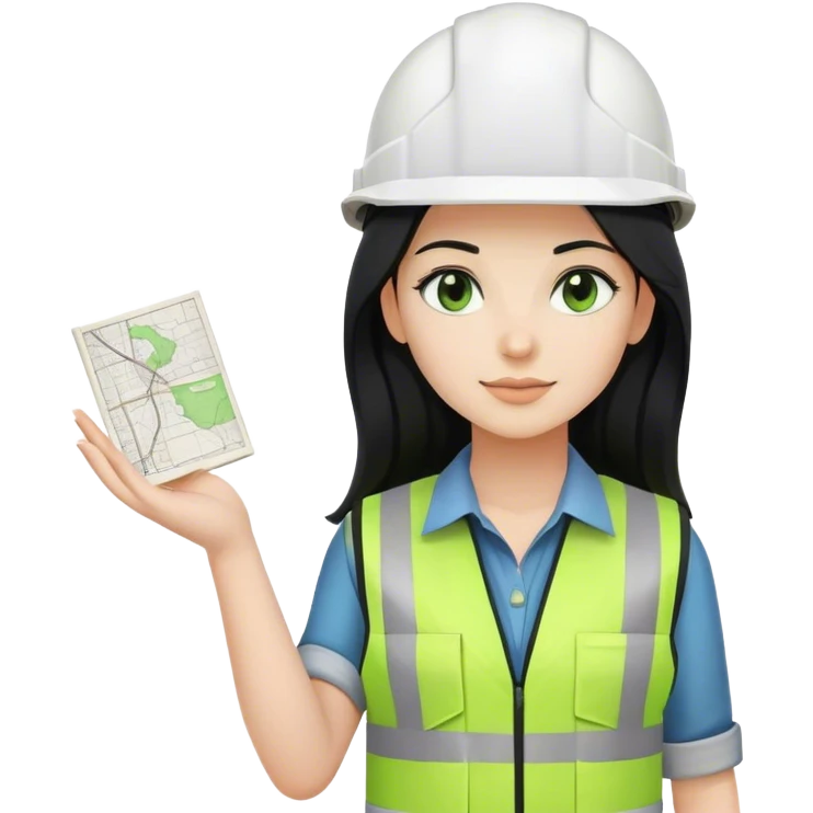 Female civil engineer with black long hair and white helmet wearing green vest with drawing plan on the hand  emoji