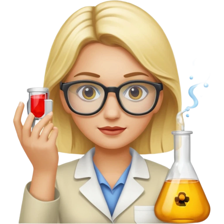 Eine hellblonde Chemikerin mit typischem Erlmeyerkolben in der Hand und Laborbrille auf emoji
