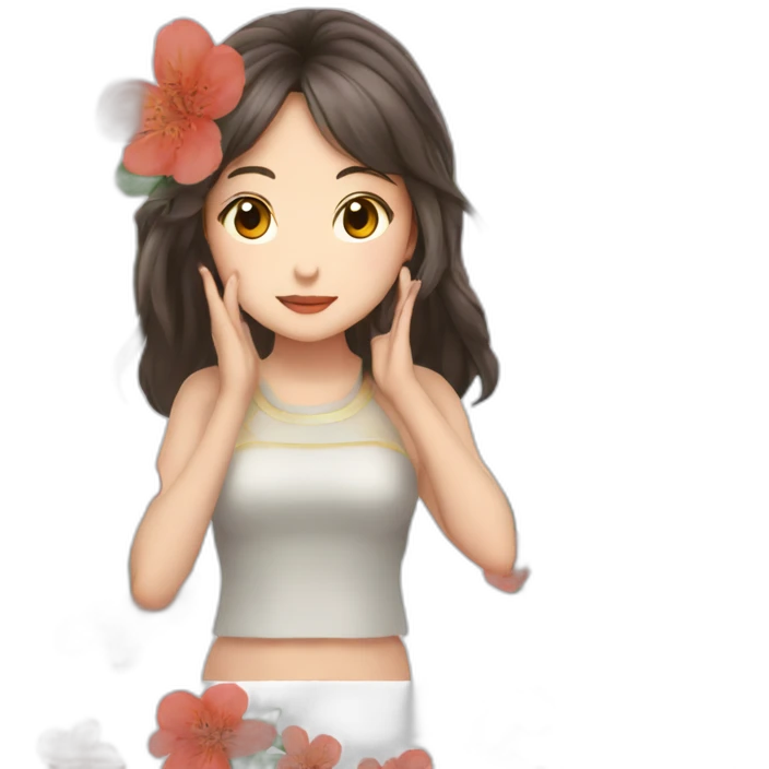 性感亞洲女孩在花海中喝咖啡 emoji