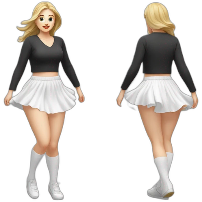 Hyperrealistic Full body Caucasian curvy beauty jumping short white skirt back and front views strong wind knickers long white socks emoji
