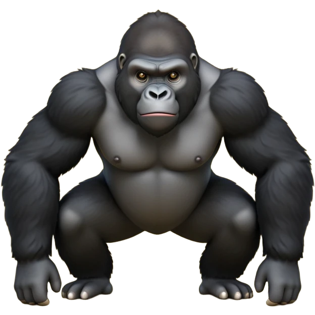 cinematic-friendly gorilla-realistic-full-body-crouched on all fours-emoji,-broad-and-powerful-frame-poised-with-confidence,-massive-arms-hanging-slightly-forward,-head-tilted-thoughtfully,-thick-black-fur,-deep-dark-eyes-full-of-intelligence,-simplified-yet-realistic emoji