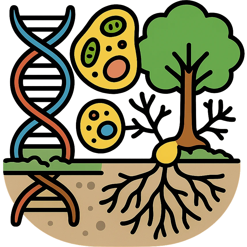 A realistic biological illustration (like in a school book) showing: DNA strands transitioning into a tree, cells with visible organelles, neurons connected to plant roots  and a balanced ecosystem background . Seamless integration, no labels or borders, complete white background (not off white!), detailed but minimalist.  emoji