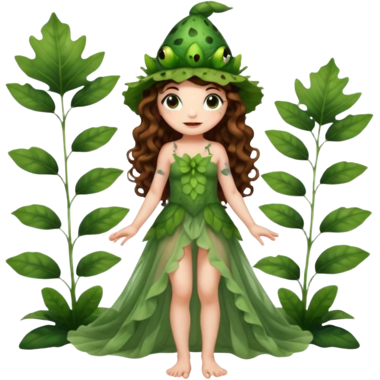 full body woman long curly brown hair brown eyes white skin tattoos wearing cute frog hat and sheer leaf dress, barefoot, flirty forest fairy pose emoji