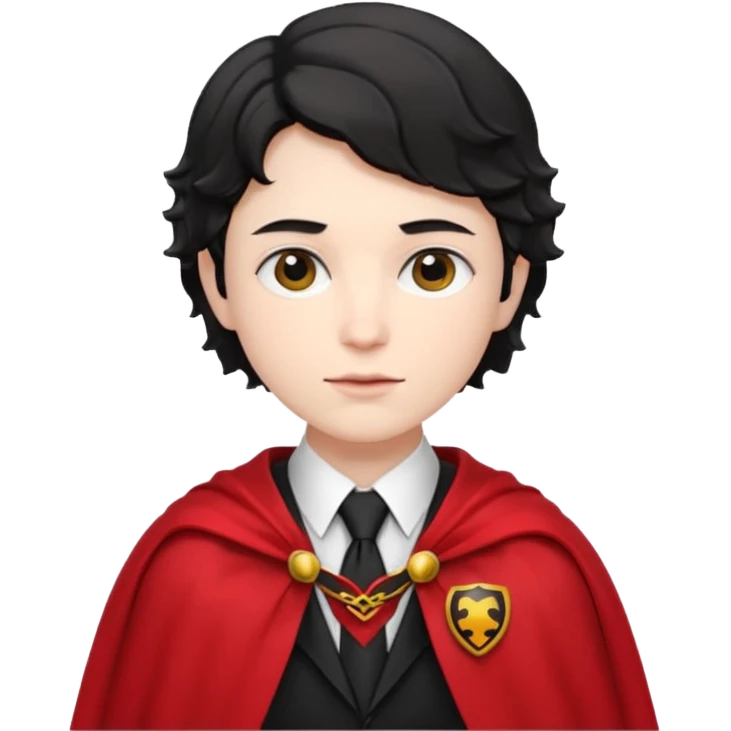 Pale skin, short black wavy hair, red and black cape, tie. A traditional vampire look. emoji