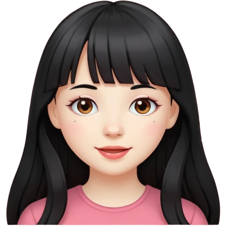 Pale girl with long black hair with bangs, happy emoji