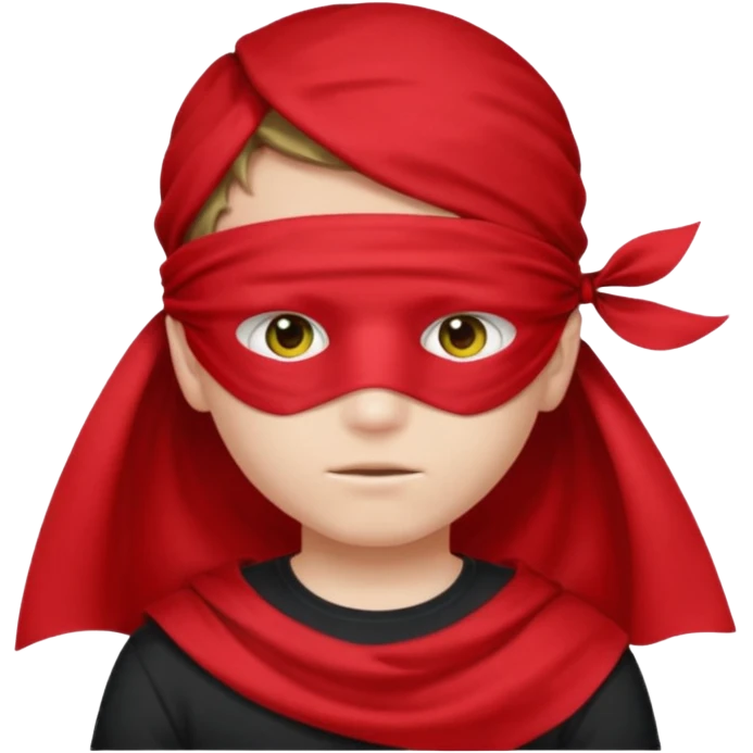 boy wearing red cloth over only eyes boy wears black t-shirt emoji