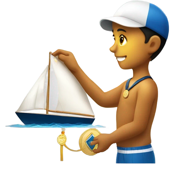 boy puts medal on his sailing boat emoji