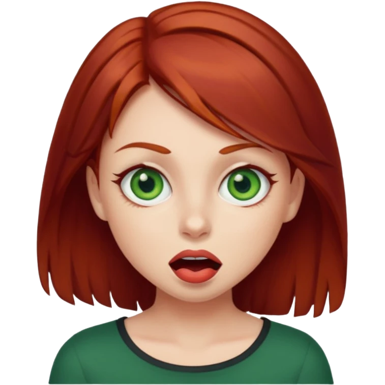 Dark red haired girl with green eyes making a silly face emoji