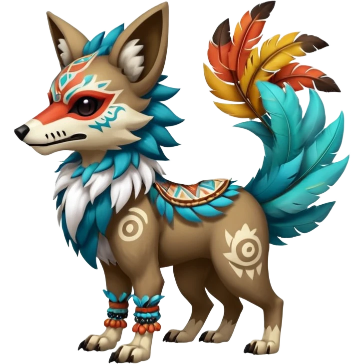 Furry cute colorful exotic tribal feral anime-styled Fakémon-Pokémon-animal-creature with a wolf-skull-head-mask-face, and colorful feathers around neck, with long furry ears, long furry tail, 4 legs, (full body), with intricate pattern-markings emoji