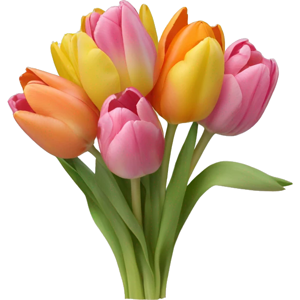 bouquet of pink,yellow,and orange tulips with a white bow wrapped around the stems  emoji