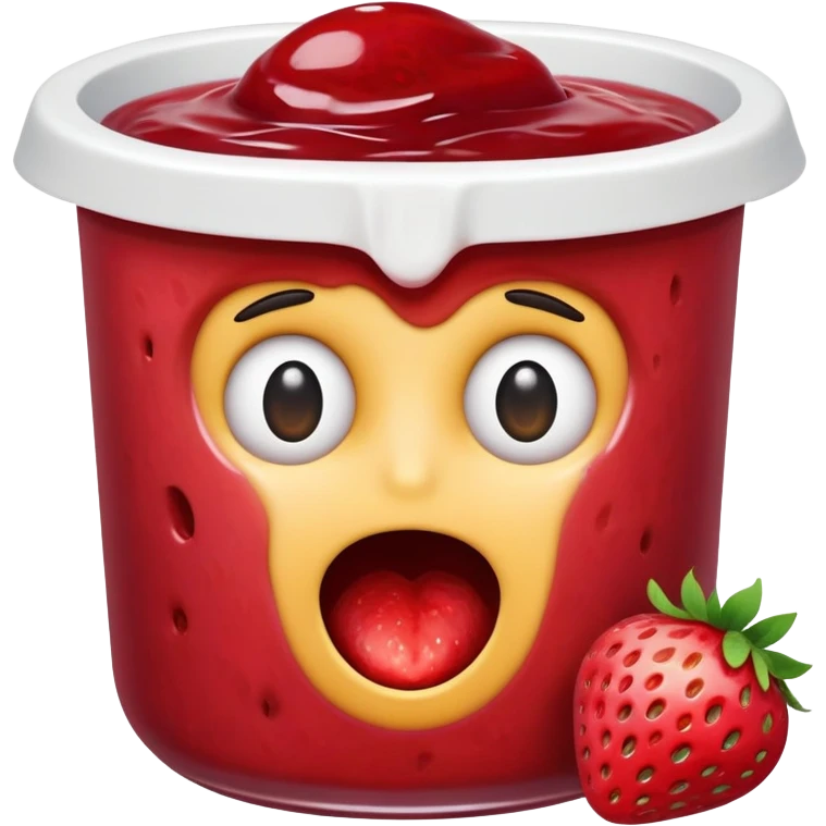 shocked emoji with the top half of the head missing, only missing under the eyes and above, 2 eyes are inside the missing part of the head placed together in the divot. all of this in a strawberry jam filled tub emoji