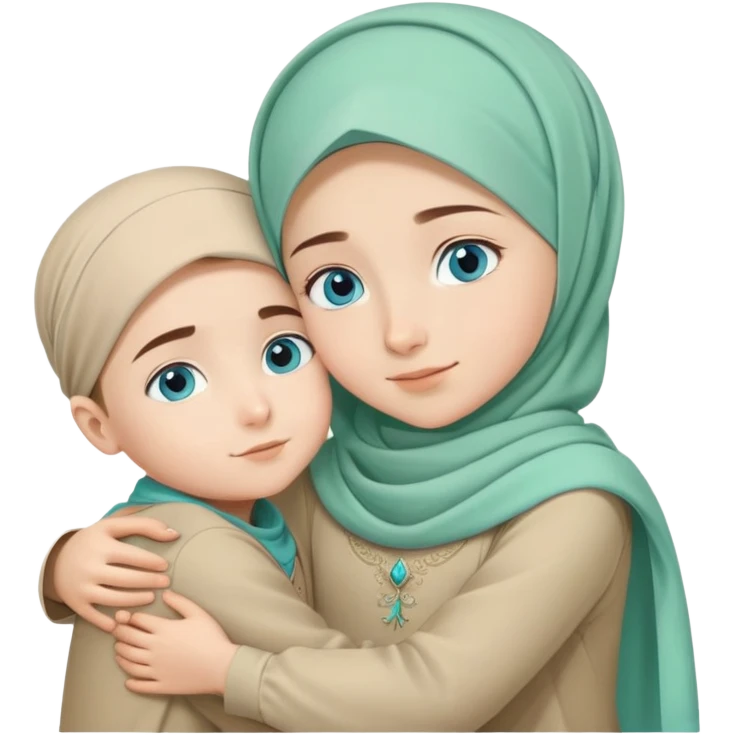 Turkish beautiful finish Konya girl blue eyes mint green beige hijab islamic dress and hugs with little boy brother  emoji