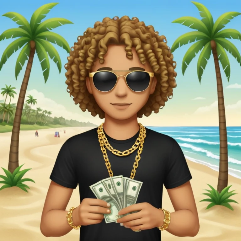 Mixed-race person with curly hair, black t-shirt, gold chain necklace, holding dollar bills in both hands, wearing black sunglasses, beach with palm trees in background emoji