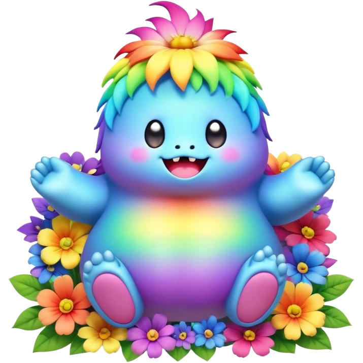 3D, Kawaii derpy fat rainbow monster sitting in a magical rainbow hued flower, rich textures, visually detailed, so lifelike that it feels like it could leap off the page at any moment emoji