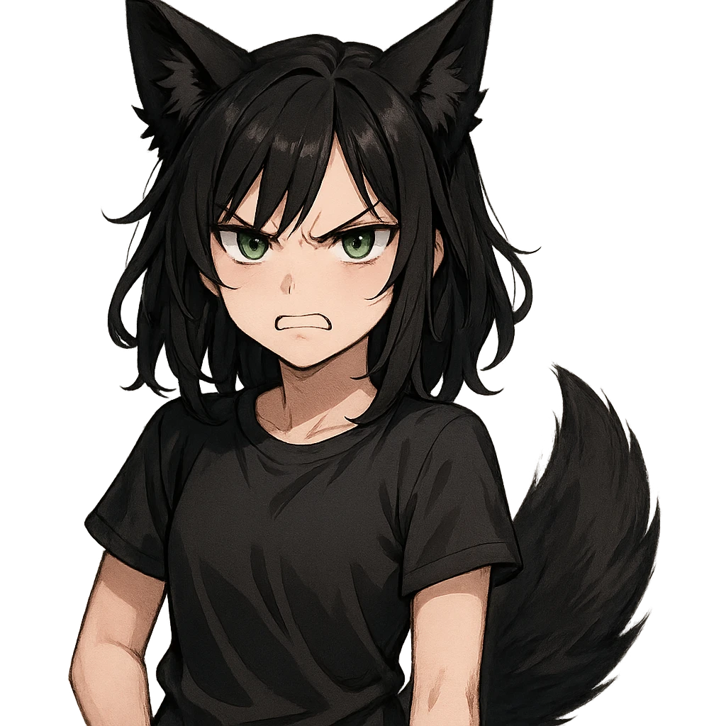 A girl with black fox ears and a tail, green eyes, dark hair, looking angry emoji