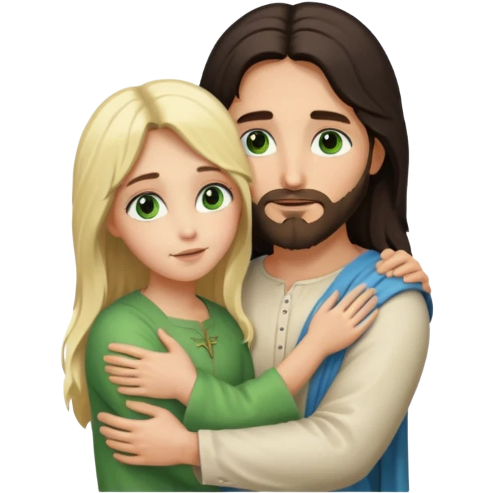 Jesus Christ with dark hair hug blonde girl with green eyes  emoji