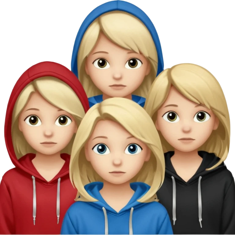 Erstelle eine dreier Gruppe an Mädchen alle ungefähr 14 15 eine Hat blode Haare blaue Augen und trägt einen schwarzen Hoodie die andere hat dunkelblonde Haare und Hazel Augen und trägt ein Rotes Top und die letzte hat braune Haare und rehbraune Augen und trägt ebenfalls einen schwarzen Hoodie emoji