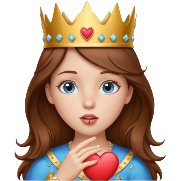 a girl with brown hair, blue eyes and freckles, who wears a crown and is blowing a heart kiss  emoji
