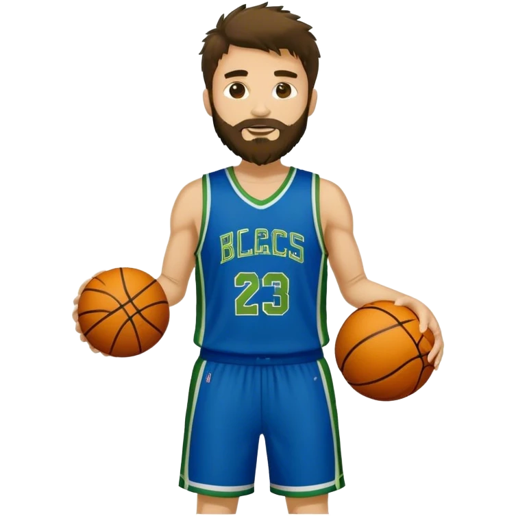 full body wHITE MAN WITH GOLD TEE BEARD DARK SHAGGY HAIR BASKETBALL PLAYER WEARING BLUE AND GREEN UNIFORM emoji