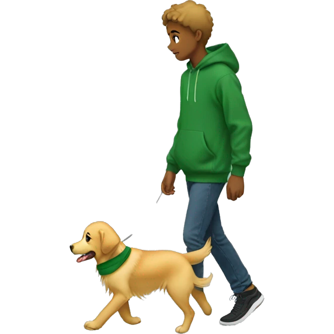 Boy in green hoodie walking golden retriever emoji
