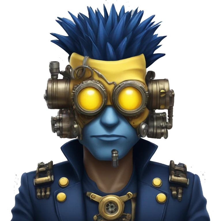 Navy blue Mohawk cyborg head with yellow steampunk goggles emoji