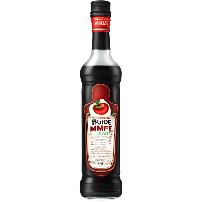 Tall clear alcohol bottle of “Rumple Minze” alcohol with black and red label emoji