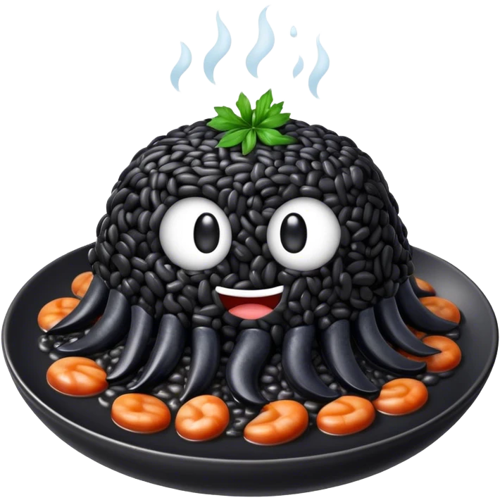 Cinematic Realistic Black Risotto Dish Emoji, showcasing a rich squid ink-infused risotto rendered with bold textures and dynamic, dramatic lighting. emoji
