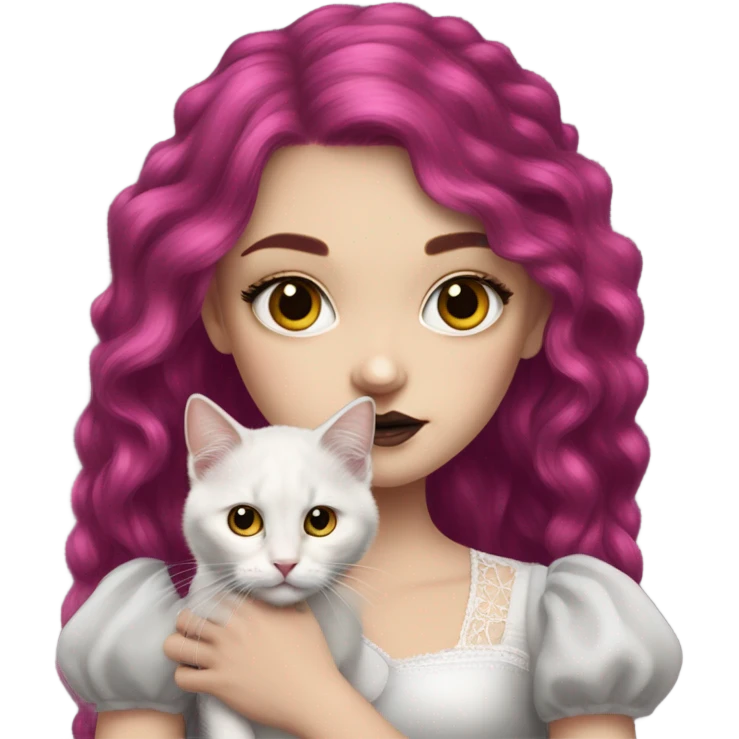 Pretty portrait of White girl. The Girl has Long Magenta Hair. Soft gothic make up and gothic dress. Holding her golden british longhair kitten. emoji