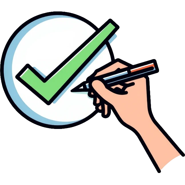 A hand with pen checking off a green checkbox inside a circular progress tracker, clean outlined style, symbolizing completed tasks and progress tracking emoji