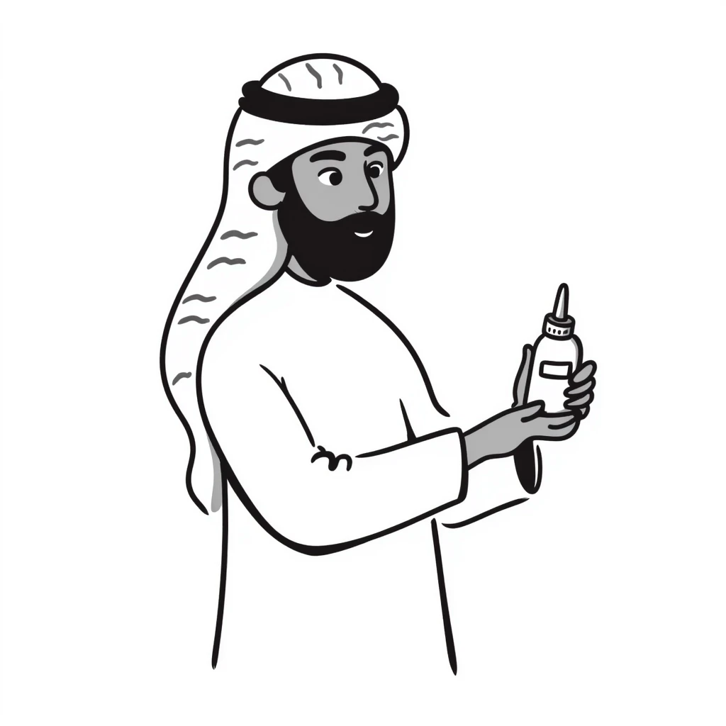 Arab man with keffiyeh holding medicine bottle and pill, hand-drawn style emoji