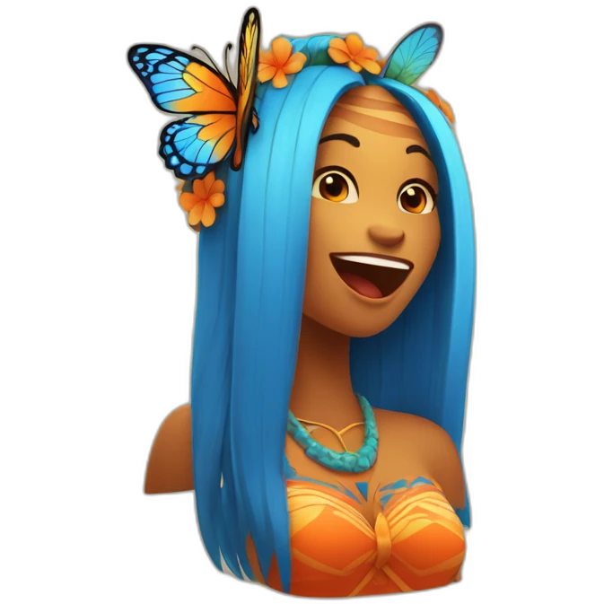 Cartoon Blue and orange girli tiki singing with butterfly and in the mike emoji