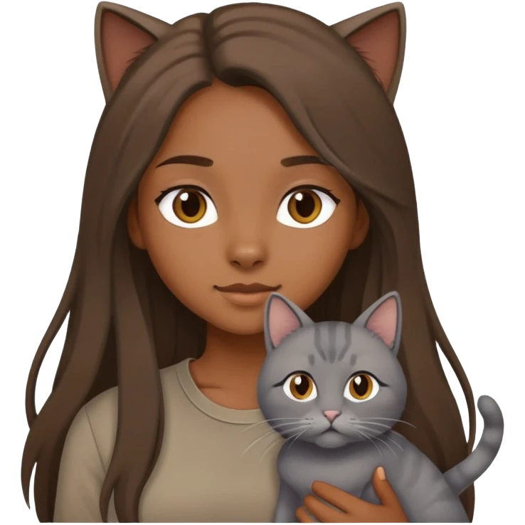 a longhair girl wearing a brown shirt with a grey cat emoji