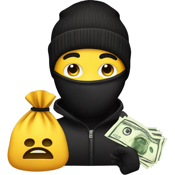 Robber Emoji with a black beanie, black eye mask with holes for his eyes, and a money bag emoji over his shoulder emoji
