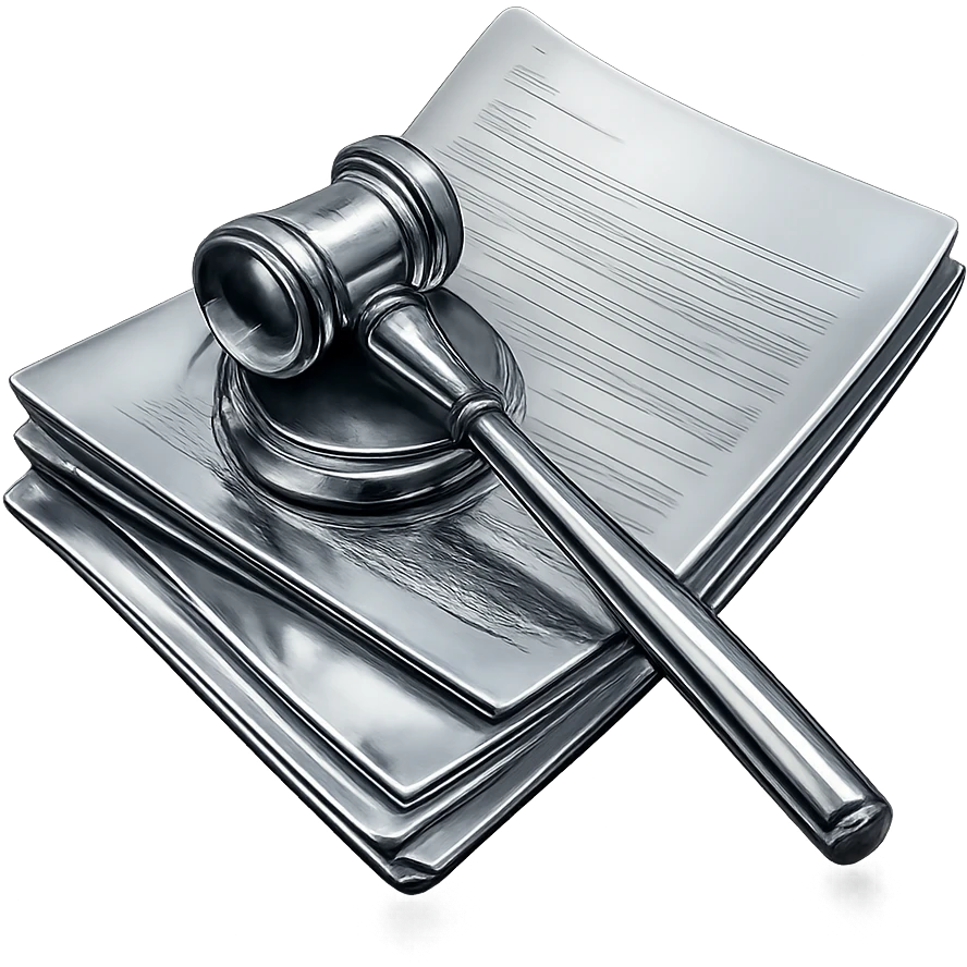 Transform the gavel and papers into a 3D chrome metallic style but keep the original brown and cream colors, highly reflective and shiny, no background. emoji