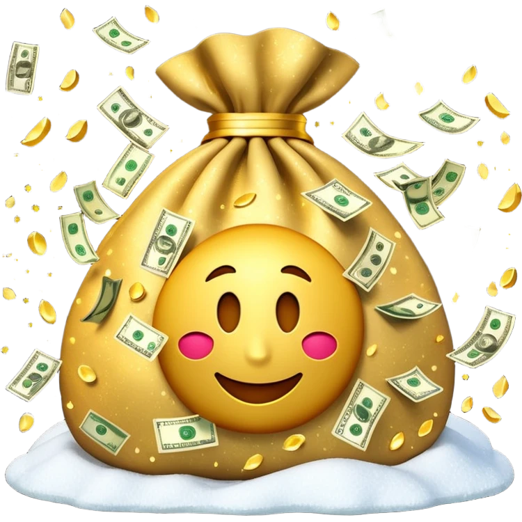 3D emoji style, money bag with dollar bills, New Year theme, snow particles, festive lighting, rich vibe, high detail, transparent background

 emoji