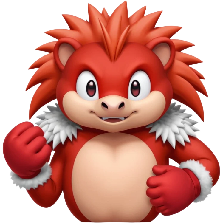 Sonic the hedgehogs friend knuckles a red animal with peach arms and white mittens, he’s a echidna with red eyes emoji