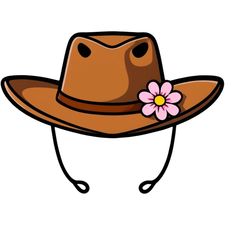 Cowgirl hat with flowers, pink and white flowers decorating a brown cowboy hat emoji