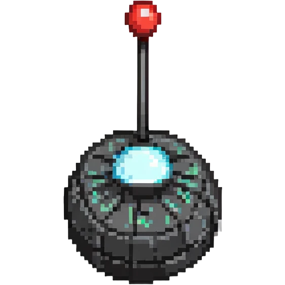Remote control bomb, black round bomb with antenna and red button, pixel art style emoji