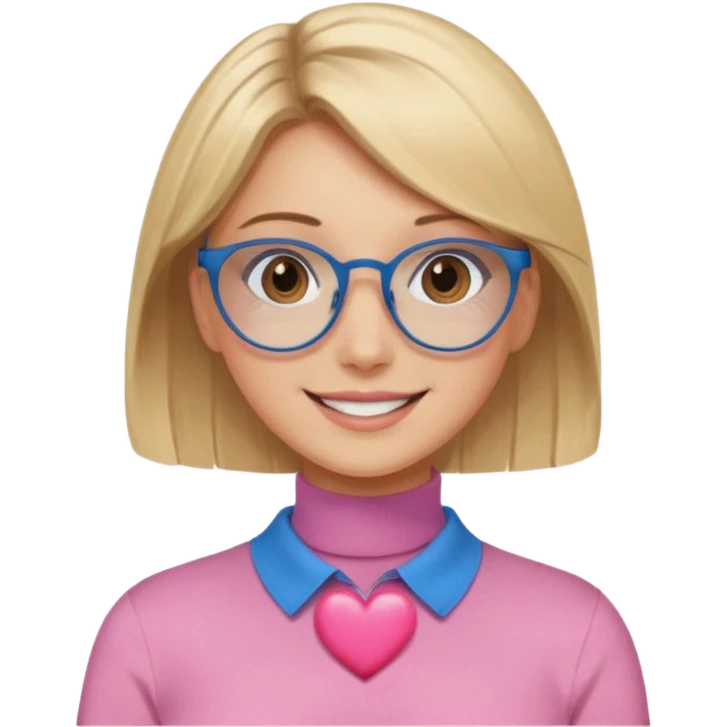 Asthectic pretty Blonde women brown eyes, blue glasses, wearing a brown polo neck shirt and smiling with a pink heart around her. emoji