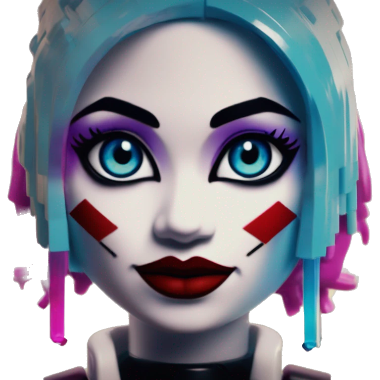 Synthwave Lego in Harley Quinn style, oil paint, mysterious eyes, intricate lips, masterpiece portrait, odd perspective, beautiful, desirable, logical emoji