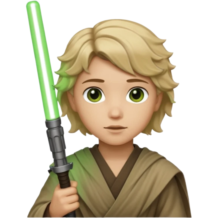 Young jedi with dark brown eyes and sandy blonde wavy short hair holding a green light saber.  emoji