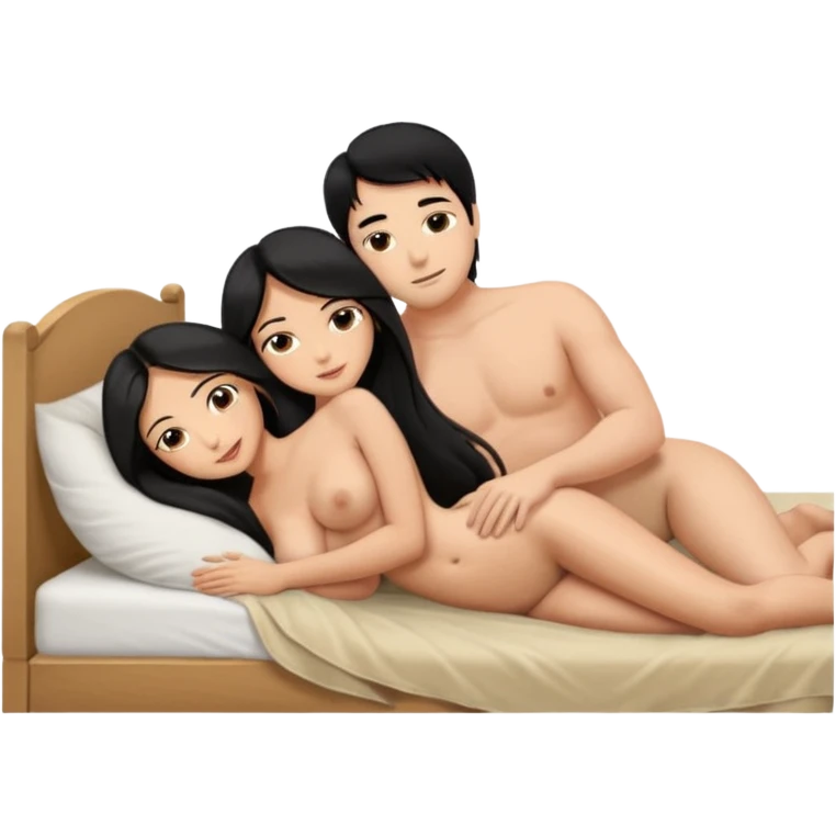 Мужчина и Девушка лежать в одной кровати голые. Мужчина - черные волосы, лежит прямо. На правой руке лежит голая девушка. Девушка лежит на левый в бок, и смотрит на мужчину,  они лежат в обнимку. Девушка поставила правую ногу на живот мужчины. Девушка, черные длинными волосами, большая попа и сиски. emoji