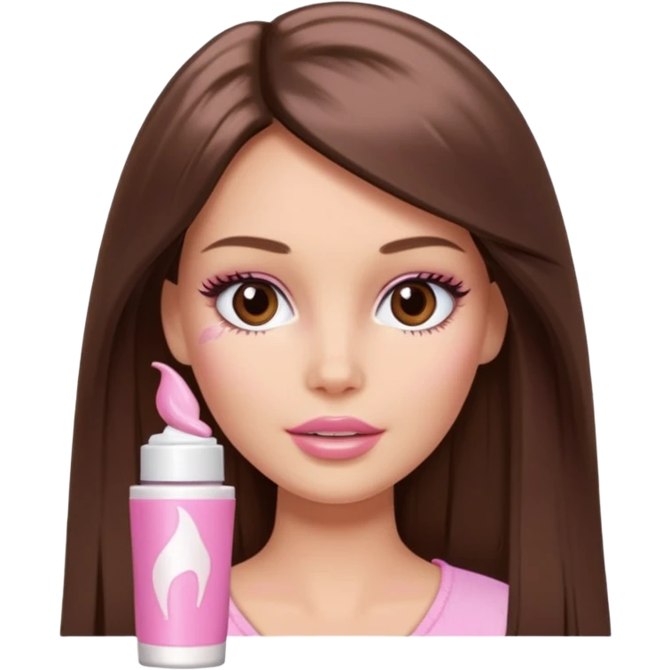 Barbie girl brown long Straight hair and brown eyes is In pale pink smears by hand cosmetic cream on her face emoji