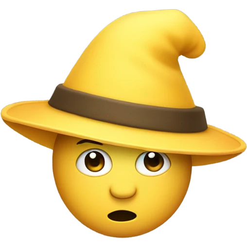 A yellow emoji wearing a conical hat, with a playful expression, thin mustache, and small goatee emoji